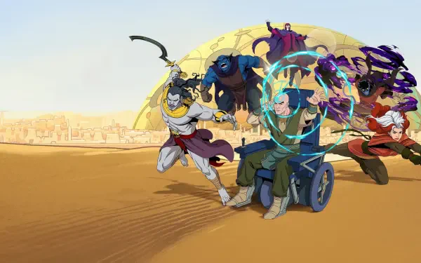 X-Men '97 team sprinting across a sunlit desert — wheelchair-bound leader surrounded by psychic rings, mutants with claws, wings and armor — 4K Ultra HD PC desktop wallpaper/background