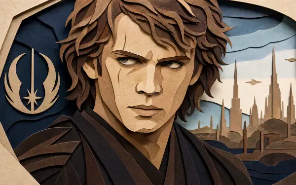 Stylized portrait of Anakin Skywalker, brooding before a Coruscant skyline and Jedi Order emblem, 4K Ultra HD PC desktop wallpaper/background.