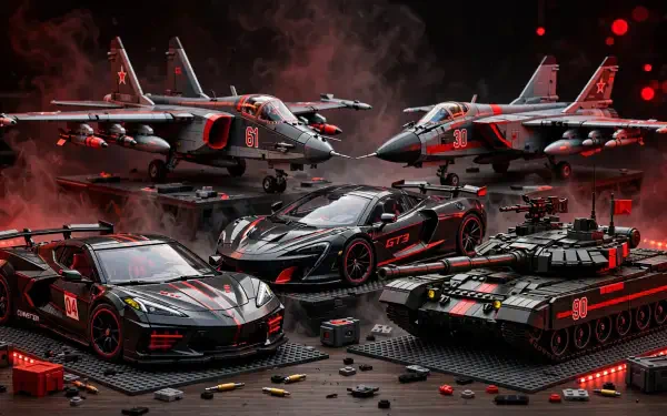HD PC desktop wallpaper of LEGO MiG-31 and Su-25 jets, a Corvette C8, Cars (Pixar)-style race cars and a tank arranged in a dramatic red-lit diorama.