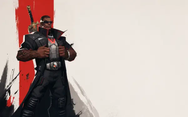 Marvel Rivals 4K Ultra HD PC desktop wallpaper and background: brooding armored hero in a black trench coat and sunglasses, pistol at his chest, red vertical stripe and paint-splatter on pale backdrop.