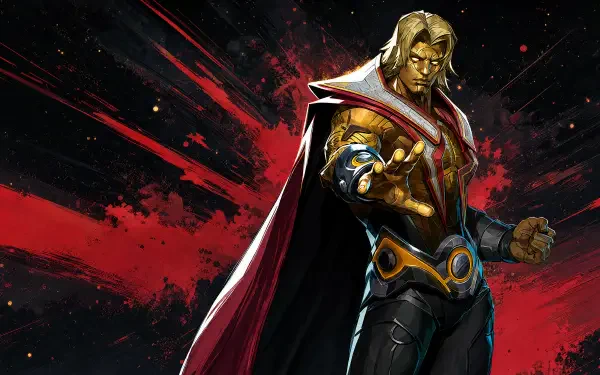 Marvel Rivals 4K Ultra HD PC desktop wallpaper: gold-armored, cape-clad cosmic warrior extending a glowing hand against a red-and-black nebula background.