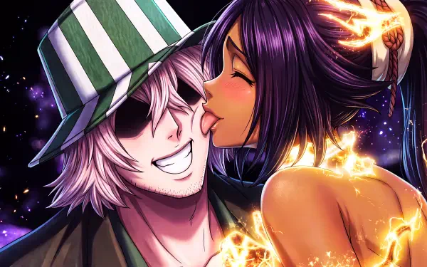 Bleach: Thousand-Year Blood War 5K Ultra HD desktop wallpaper—Kisuke Urahara grinning as cat-girl Yoruichi Shihôin playfully licks his cheek, golden energy swirling around her.