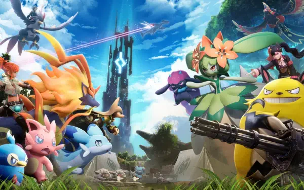 Palworld video game 2K Quad HD PC desktop wallpaper: colorful creatures and armed trainers clash on a grassy field beneath a towering futuristic spire and bright sky.