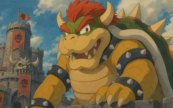 4K Ultra HD PC desktop wallpaper of Bowser snarling atop a stone castle battlement, vivid colors and rich textures under a dramatic cloudy sky.