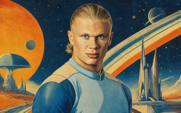 4K Ultra HD PC wallpaper: portrait of a blond male footballer rendered in retro sci‑fi style, with planets and a futuristic skyline set against a starry cosmic background.