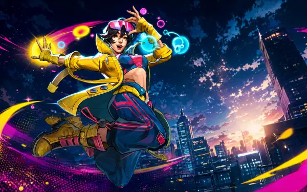 Marvel Rivals video game 4K Ultra HD PC desktop wallpaper and background: a colorful hero leaps with neon energy trails over a glowing city skyline at dusk.