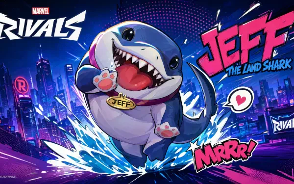 Marvel Rivals 4K Ultra HD PC desktop wallpaper: Jeff the Land Shark bounding through neon city waters, grinning with a name tag, hearts and bold comic-style text.