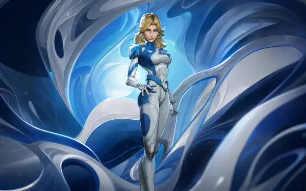 Marvel Rivals 4K Ultra HD PC desktop wallpaper/background: a blonde superhero in a white-and-blue armored suit stands amid swirling blue energy ribbons.