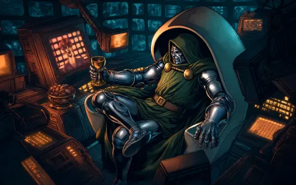 Doctor Doom in gleaming armor and green cloak sits on a high-tech throne amid glowing monitors and control panels, dramatic lighting — 4K Ultra HD PC desktop wallpaper and background.