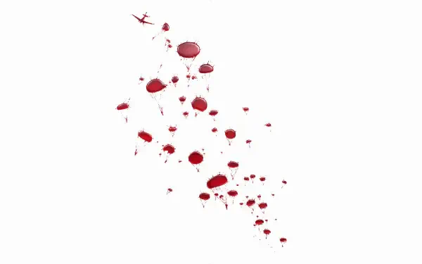 Minimalist 4K Ultra HD PC desktop wallpaper: stylized red parachutes and tiny airborne silhouettes scattered across stark white space, evoking Overlord (2018).