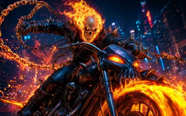 Ghost Rider with a flaming skull, chains and blazing motorcycle tearing through a neon city — 4K Ultra HD PC desktop wallpaper and background.