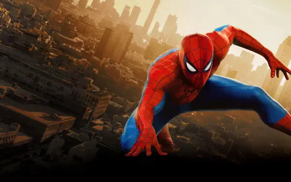Spider-Man: Brand New Day — Spider-Man crouches on a rooftop overlooking a sunlit city skyline at dusk. 4K Ultra HD PC desktop wallpaper and background.
