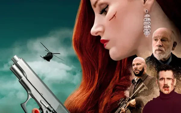 4K Ultra HD PC desktop wallpaper of Ava: close-up of a red-haired woman with a cheek scar and dangling earring, handgun, helicopter over teal clouds, and three men in the background.