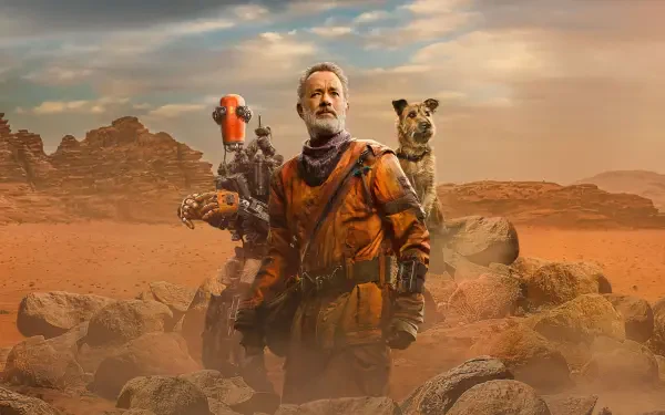 Finch: bearded man in an orange survival suit with a small robot and a dog on a windswept red desert — cinematic 4K Ultra HD PC desktop wallpaper and background.