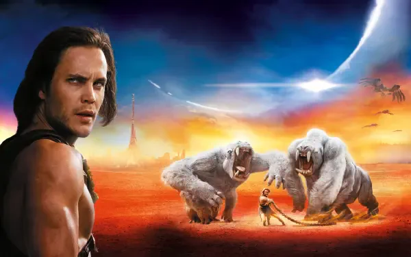 John Carter 4K Ultra HD PC desktop wallpaper and background: lone warrior faces two massive white ape-like beasts on a red desert beneath a crescent planet and vivid twilight sky.