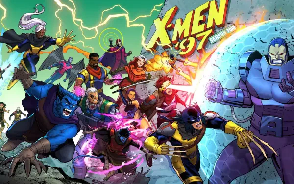 X-Men '97 4K Ultra HD PC desktop wallpaper showing the classic X-Men team charging into battle amid lightning and energy blasts, with a Sentinel looming on the right.