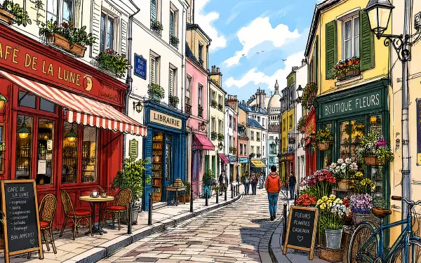 Vibrant street scene in 4K Ultra HD PC desktop wallpaper and background: colorful European cobblestone lane lined with cafés, a boutique and flower stalls, pedestrians under a bright blue sky.