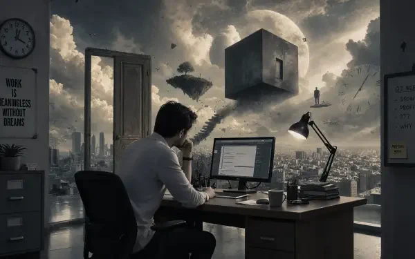 5K Ultra HD PC desktop wallpaper/background: office worker at a desk in a moody office, overlooking a surreal city of floating cubes, stairways and a giant moon.