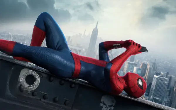 Spider-Man: Brand New Day — Spider-Man in red-and-blue suit reclined on a steel girder above a foggy city skyline; 4K Ultra HD PC desktop wallpaper/background.