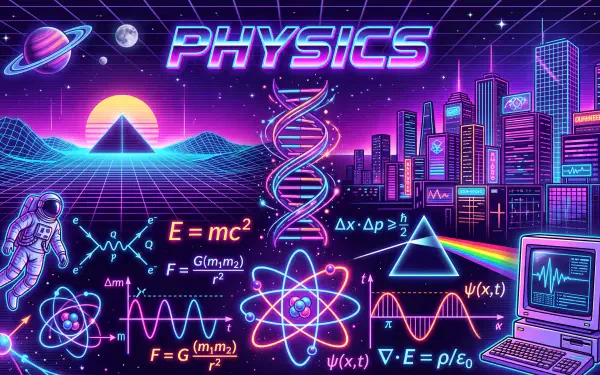 5K Ultra HD PC desktop wallpaper and background: neon synthwave physics collage — PHYSICS title, DNA helix, equations (E=mc², Δx·Δp…), atom diagrams, astronaut, laptop, pyramids and city skyline.