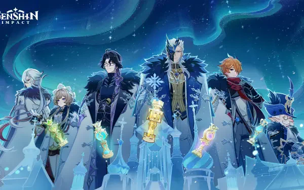 Genshin Impact 2K wallpaper: Sandrone, Arlecchino, Tartaglia (Childe) and Pantalone stand beneath an icy blue sky, clutching ornate weapons and glowing lanterns.
