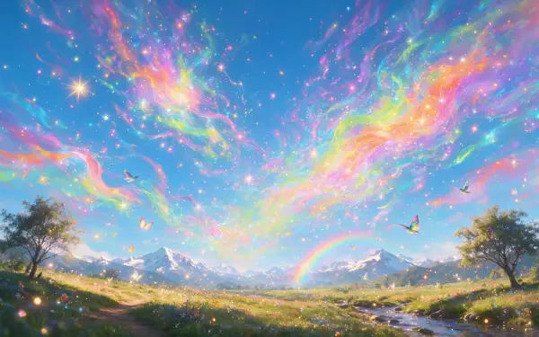 4K Ultra HD PC desktop wallpaper: rainbow-streaked sky above snow-capped mountains, sunlit meadow with a winding stream and butterflies.