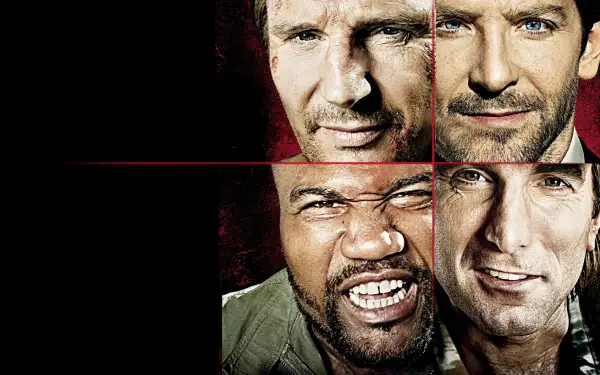 The A-Team 4K Ultra HD PC desktop wallpaper: four gritty close-up male faces arranged in a red-and-black grid, high-contrast cinematic portrait background.