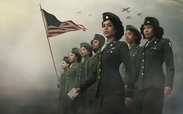 The Six Triple Eight—4K Ultra HD PC Desktop Wallpaper and Background: line of uniformed women marching, one holding an American flag beneath cloudy skies with aircraft overhead.