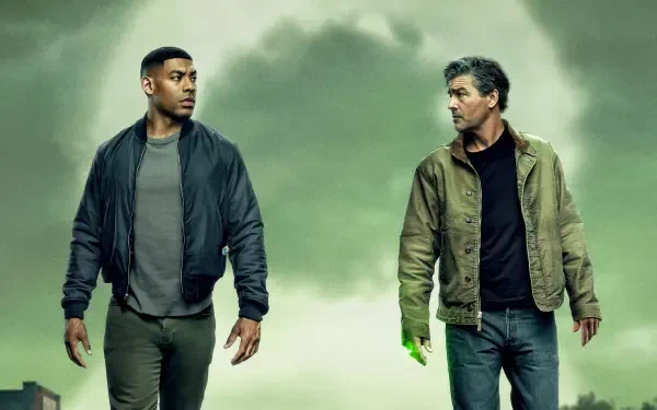 Lanterns (2026) 4K Ultra HD PC desktop wallpaper/background: two men walk through green-tinged fog, one with a faint green glow on his hand.