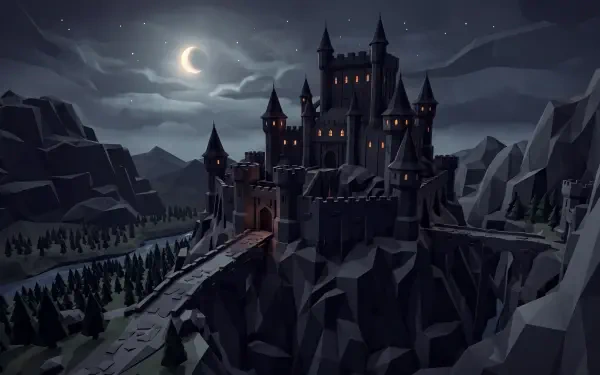 Dark fortress on jagged cliffs under a crescent moon, spires and glowing windows, atmospheric night scene — 5K Ultra HD PC desktop wallpaper/background.