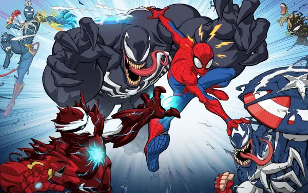 Marvel's Spider-Man 4K Ultra HD PC desktop wallpaper and background: Spider-Man leaps amid Venom, Carnage and other symbiote foes in a high-energy, comic-style action burst.