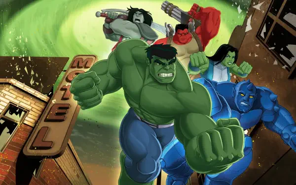 HD PC desktop wallpaper of Hulk and the Agents of S.M.A.S.H.: Green Hulk leads Red Hulk, She-Hulk, A-Bomb and Skaar charging through a neon-lit city under a swirling green sky.