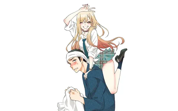 My Dress-Up Darling anime 4K Ultra HD PC desktop wallpaper: blonde girl joyfully perched on a blushing boy's shoulders, both in school uniforms against a clean white background.