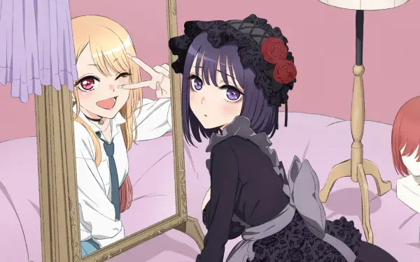 My Dress-Up Darling anime 4K Ultra HD PC wallpaper: dark-haired girl in a black gothic-lolita dress poses at a mirror while a blonde friend winks in a pink room.