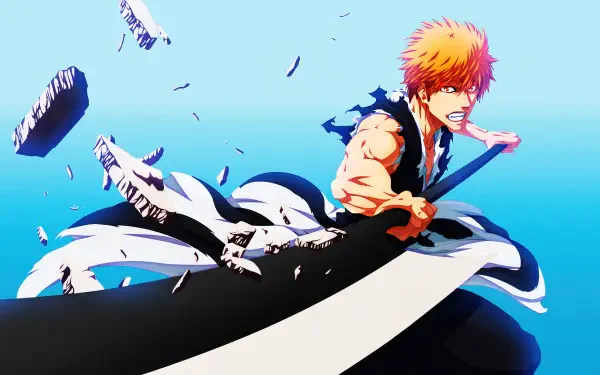 Ichigo Kurosaki from Bleach: Thousand-Year Blood War lunging with his Zanpakutō amid flying debris, dynamic 4K Ultra HD PC desktop wallpaper background.