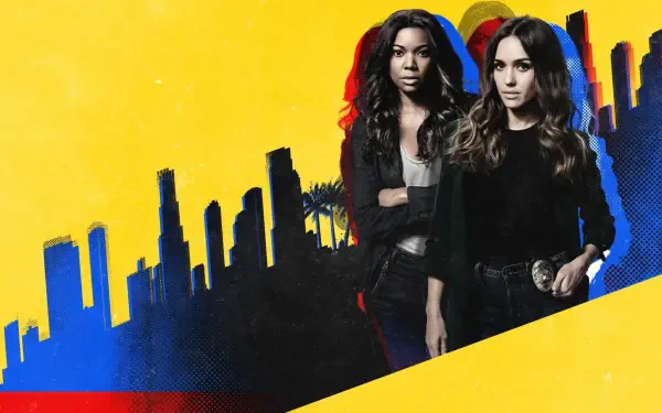 L.A.'S Finest HD PC desktop wallpaper: two female detectives in dark jackets stand before a stylized yellow-and-blue Los Angeles skyline.