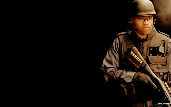 S.W.A.T. (2003) HD PC desktop wallpaper/background: armed S.W.A.T. officer in helmet and tactical gear holding a shotgun at right against a stark black background.
