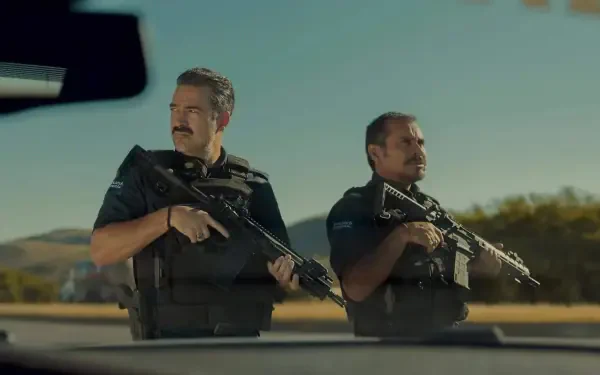 Two armed officers stand alert in a sunlit roadside standoff, cinematic tension — 4K Ultra HD PC desktop wallpaper background.