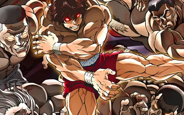 Baki Hanma anime: ripped Baki in red shorts delivers a powerful kick amid rival fighters, red-eyed and mid-motion — 4K Ultra HD PC desktop wallpaper background