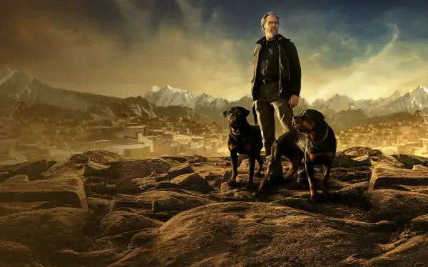 The Old Man: rugged figure with two dogs on a rocky plateau overlooking golden mountains and a distant city — dramatic 4K Ultra HD PC desktop wallpaper background