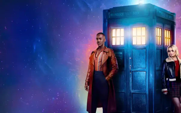 Doctor Who (2023) 4K Ultra HD PC desktop wallpaper and background: two characters stand by a glowing blue TARDIS against a vibrant, starry nebula sky.