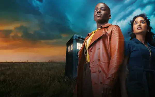 Doctor Who (2023) 4K Ultra HD PC desktop wallpaper showing two figures standing before the TARDIS in a windswept field at sunset, one in a brown coat and the other in a blue jacket.