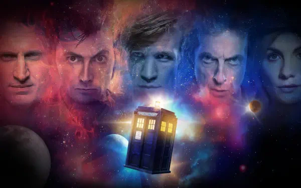 Doctor Who (2005) 4K PC wallpaper: cosmic montage of several Doctors' faces surrounding the glowing TARDIS amid colorful nebulae and distant planets.