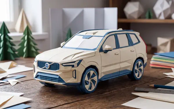 Paper-model Volvo toy car on a wooden desk surrounded by miniature trees and paper props — 5K Ultra HD PC desktop wallpaper background.