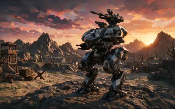 4K Ultra HD PC desktop wallpaper: a science fiction combat mech stands on rocky terrain at sunset overlooking a ruined outpost and distant mountains.