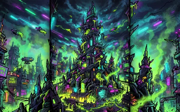 5K Ultra HD PC desktop wallpaper: neon cityscape with a looming black-spire castle tower, twisted turrets piercing glowing green-purple skies, hovering craft and neon-lit streets.