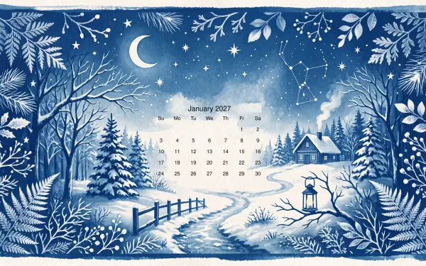 January 2027 calendar over a 5K Ultra HD winter night scene: snowy forest, moonlit sky with constellations, a cabin and lantern-lit path — PC desktop wallpaper/background.