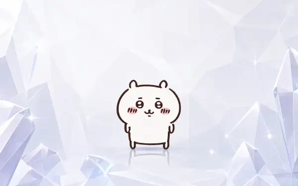 Cute Chiikawa character centered on a faceted icy white crystalline background — 4K Ultra HD PC desktop wallpaper and background.