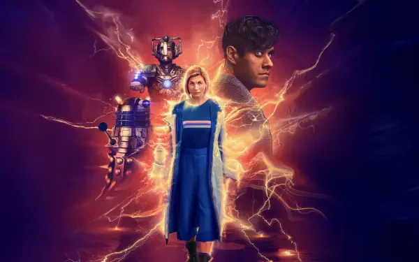 Doctor Who (2005) 4K Ultra HD PC desktop wallpaper: central female Doctor in blue coat, two companions and a Cyberman silhouette set against crackling, fiery energy.
