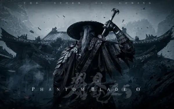 Phantom Blade Zero 4K Ultra HD PC wallpaper: cloaked samurai warrior in a wide straw hat raises a sword before a ruined temple as ash drifts through the dark sky.